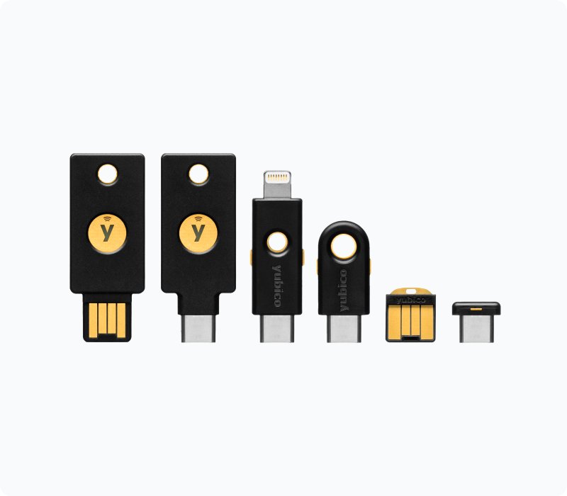YubiKey 5 Series keys in USB-A, USB-C, Lightning and Nano form factors
